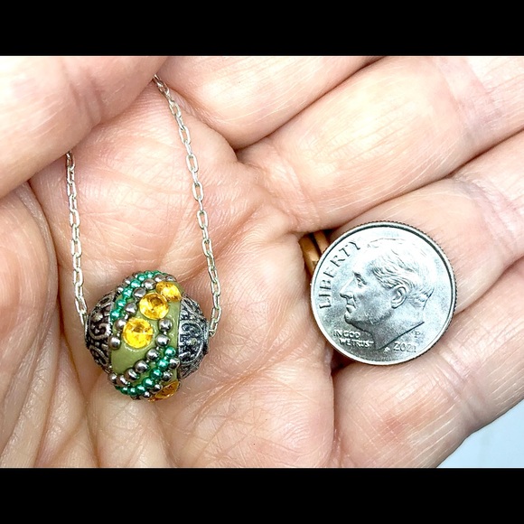 Gold Crystal Teal Silver Beaded Olive Green Boho Bali Bead 18" Chain Necklace - Picture 4 of 4